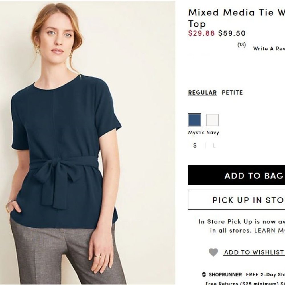 Ann Taylor Mixed Media Tie Waist Top S